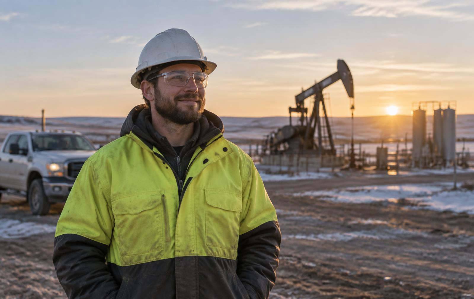 Field worker on a prairie worksite at sunset
